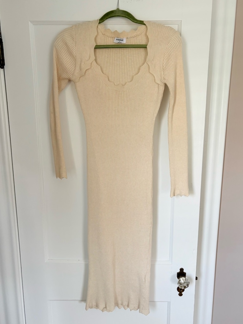 Ribbed Scallop-Trim Cream Knit Dress